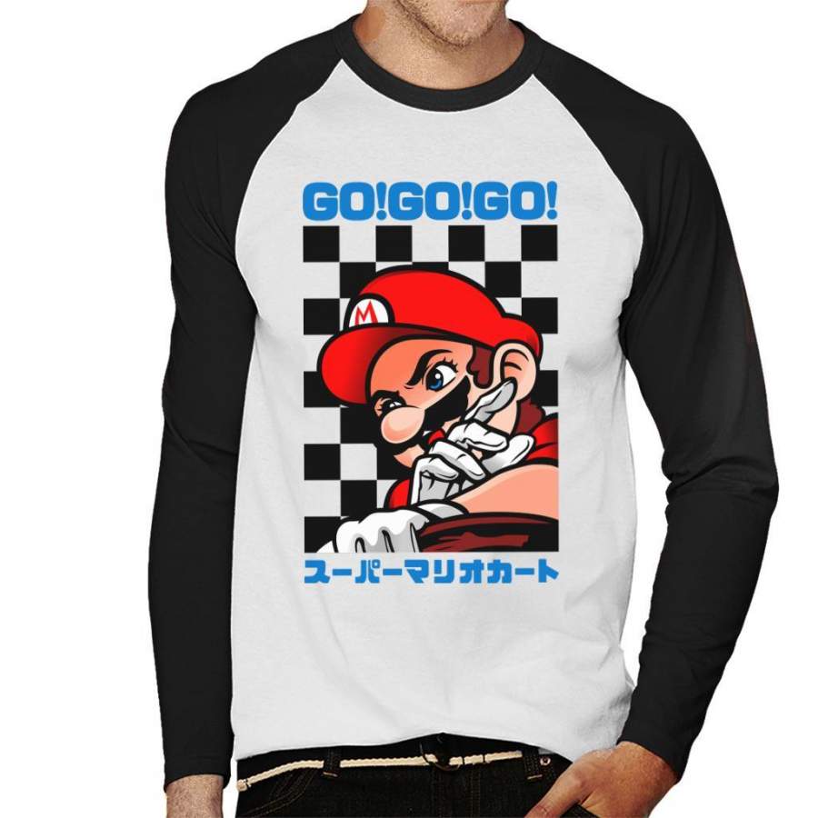 Go Go Go Super Mario Kart Retro Japanese Men’s Baseball Long Sleeved T-Shirt