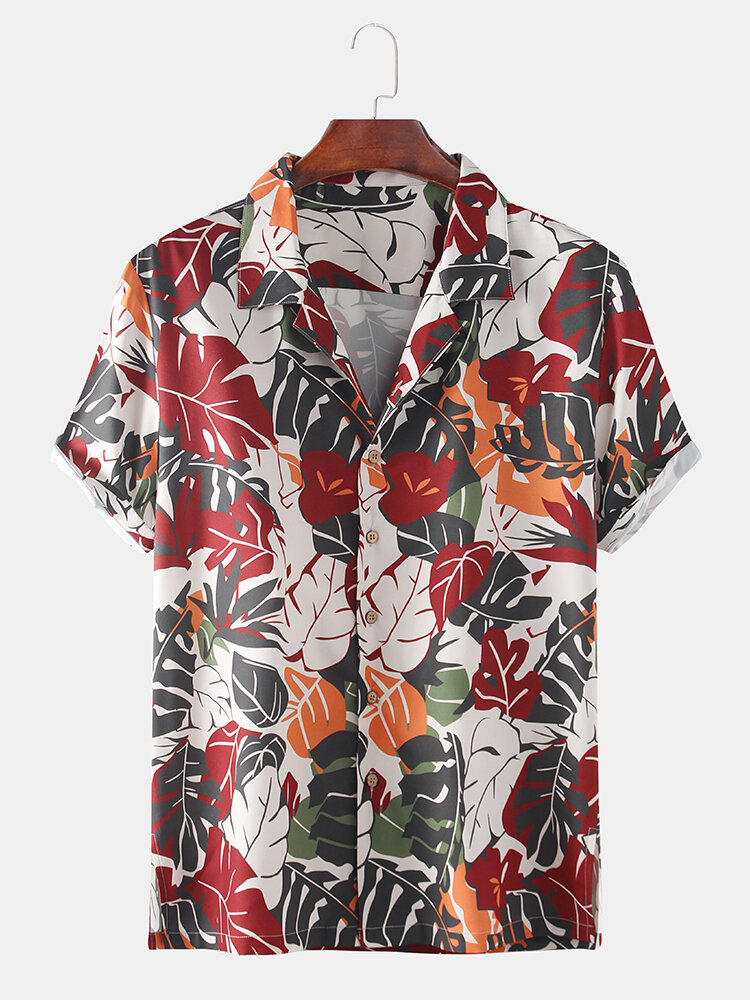 Vintage Tropical Plant Leaf Print Casual Short Sleeve Hawaii Shirt Ha78463