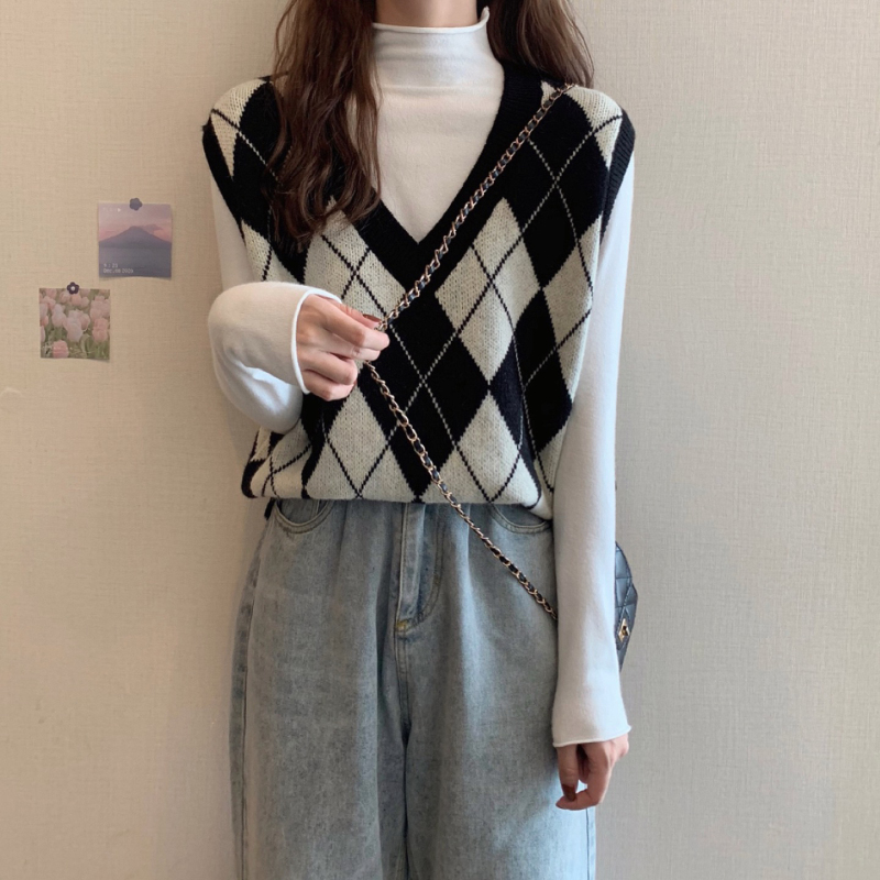 Vintage Sweater Vest Women Argyle Japanese Preppy Style Sweet Cool Girls Loose Cozy All-match Fashion Classic Casual Chic Daily alx