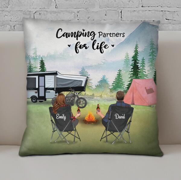 Custom Personalized Camping Throw Pillow Cover – Couple With Upto 5 Pets – Camping Partners For Life