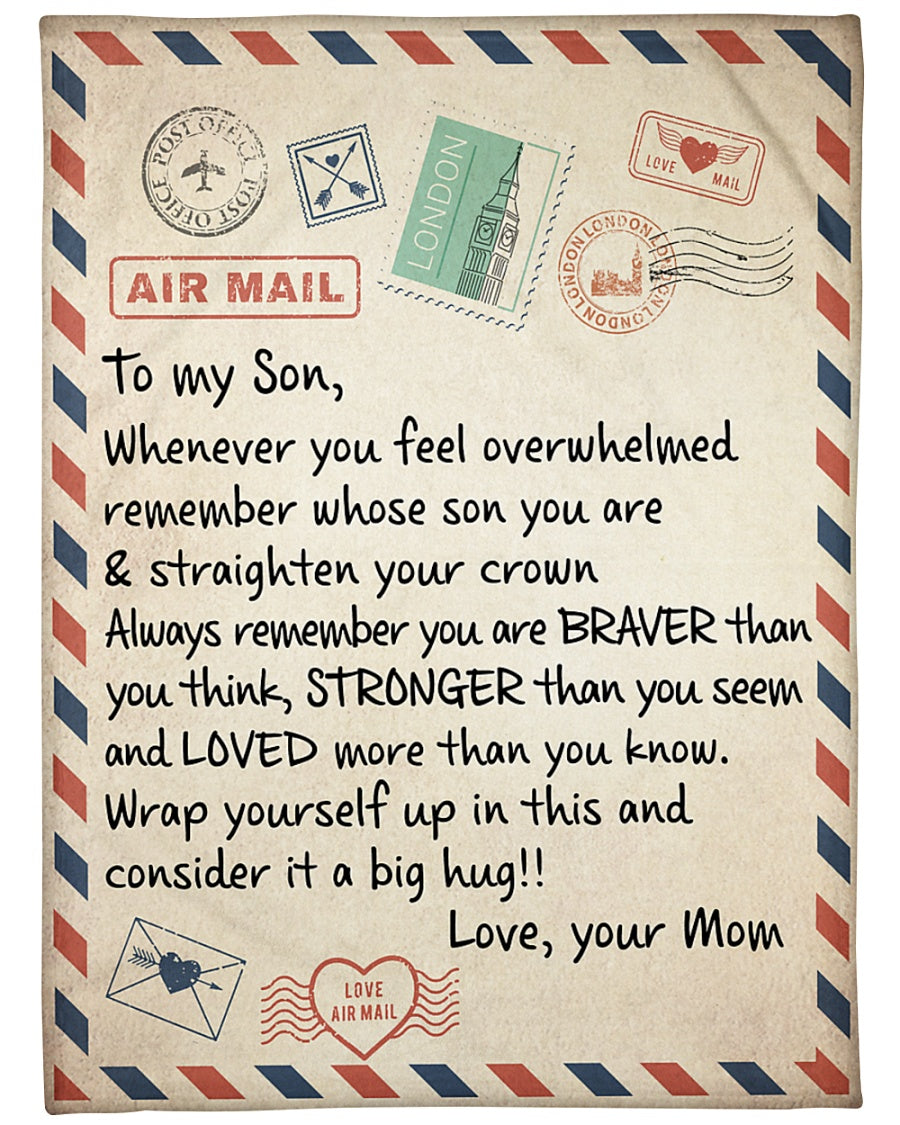 To My Son At London Air Mail Fleece Blanket, Consider It A Big Hug Best Gift For Son From Mom Birthday Gift Home Decor Bedding Couch Sofa Soft And Comfy Cozy