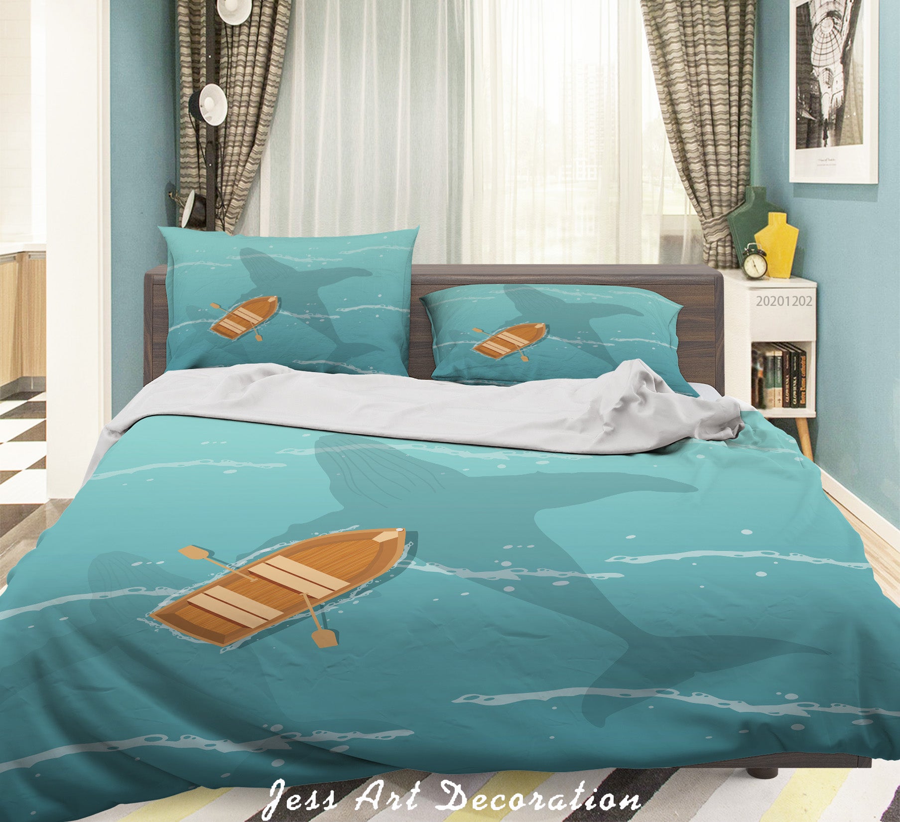 3D Cartoon Blue Ocean Whale Shadow Boat Quilt Cover Set Bedding Set Duvet Cover Pillowcases Lxl