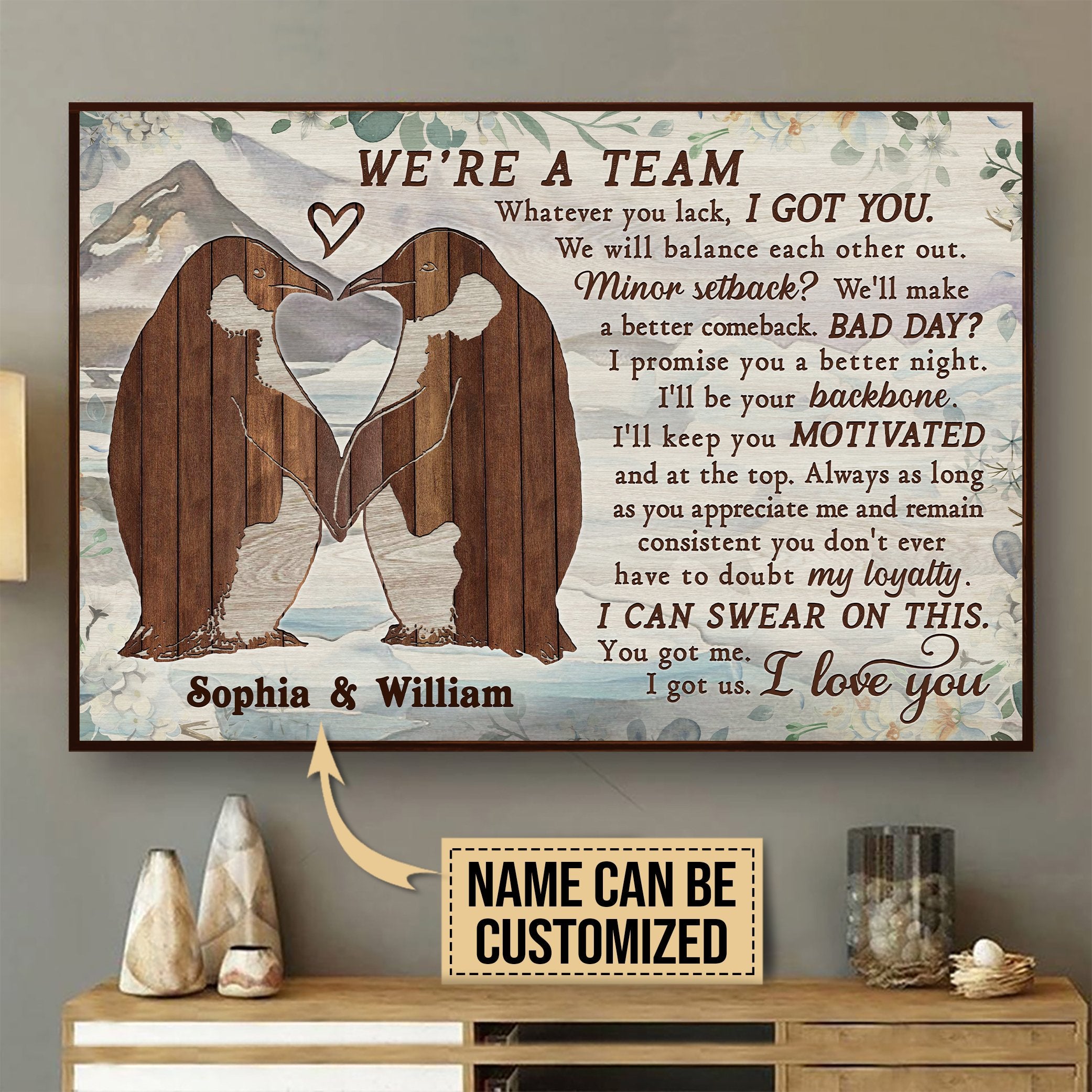 Aeticon Gifts Personalized Penguin Pallet Were A Team Canvas Mom Dad Gift Home Decor