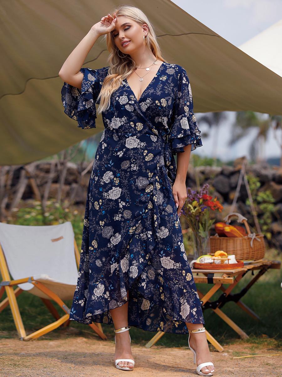 4XL 5XL Plus Size Women Summer Dress 2022 Fashion V Neck Ruffles Sleeve Floral Print Ruffles Boho Beach Dress Maxi Wrap Dresses alx