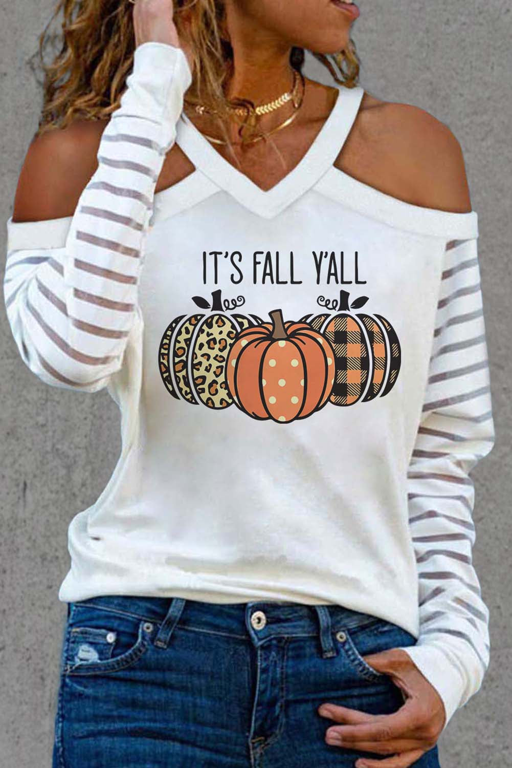 Women’S T-Shirts Pumpkin Leopard Print Cold Shoulder T-Shirt