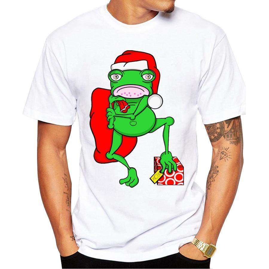 Men’s Christmas T-shirt Fashion Frog Dressed As Santa Claus Printed Men T Shirts Short Sleeve Funny Tops