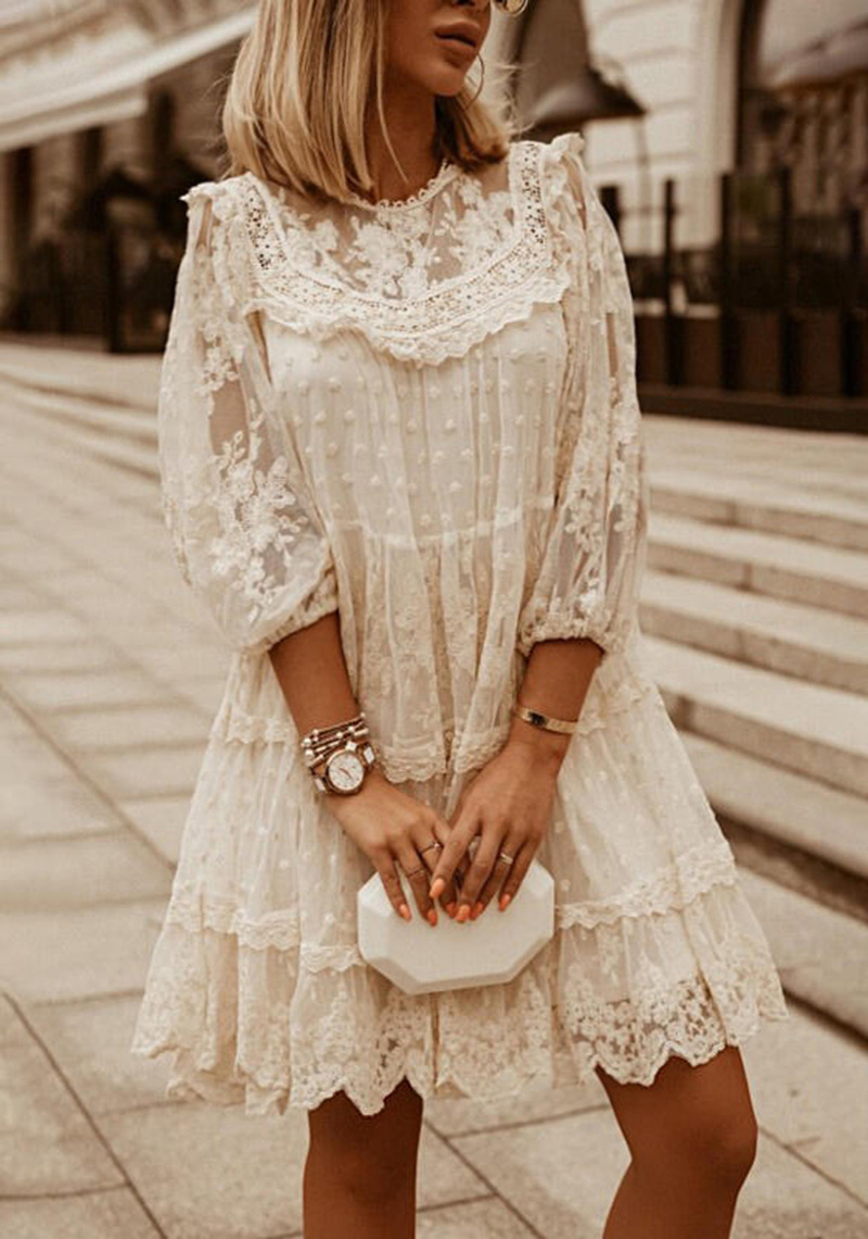 WYWMY Summer Women White Lace Dress Elegant Casual Woman Dresses Three Quarter Sleeve Loose Vintage Sexy Party Dress alx