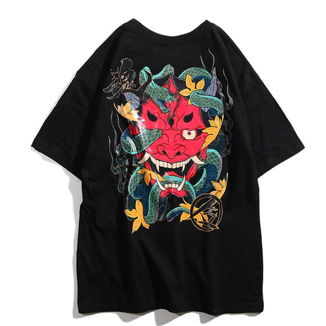 Snake Samurai Mask Printed Hip Hop Streetwear Loose Tees