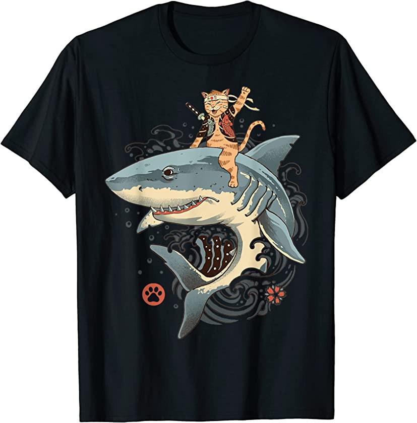 Catana cats ninja funny cute ridding Shark. T-Shirt