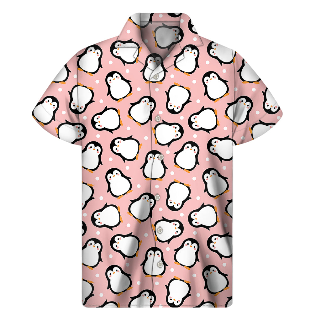 Pink Polka Dot Penguin Pattern Print Men’S Short Sleeve Shirt