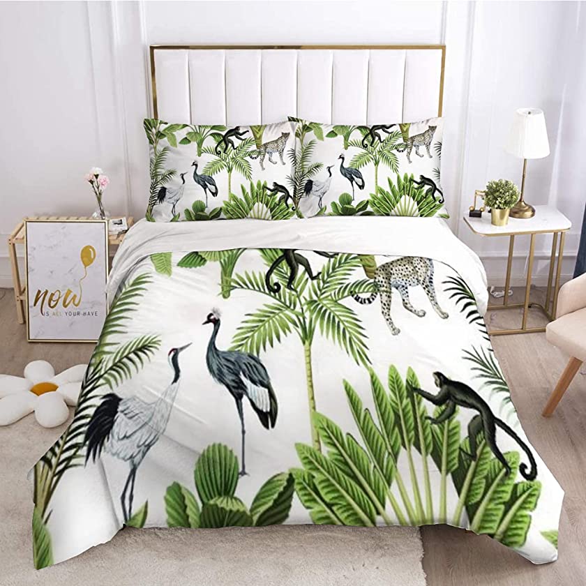 beding of 379x90inchTropical Vintage Botanical Green Palm Tree Banana Tree Crane Monkey and Leopard Floral Duvet Cover Comfortable Household Bedding Quilt Cover Double Quilt Cover Pillow CX