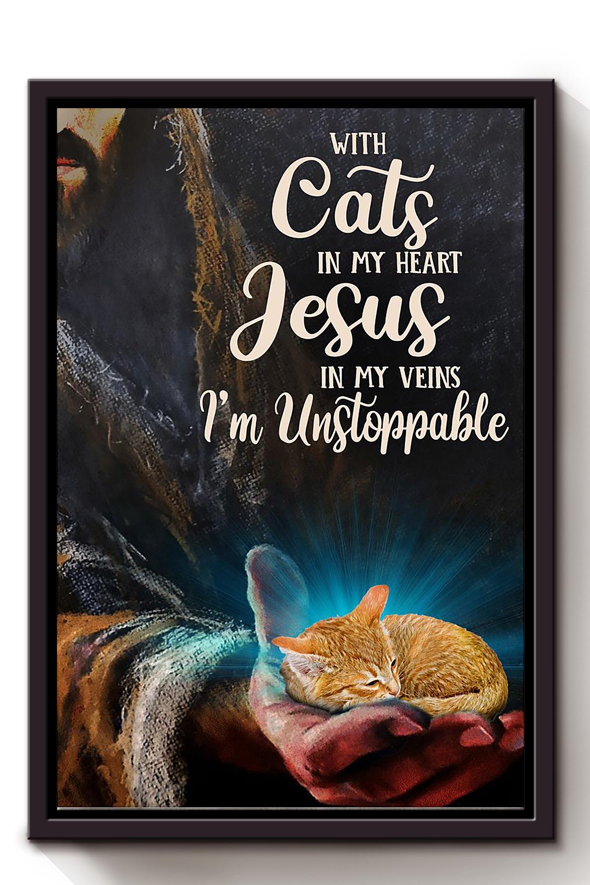 With Cats In My Heart Jesus God Wall Art For Home Decor Gift For Christian Cat Lovers Framed Matte Canvas