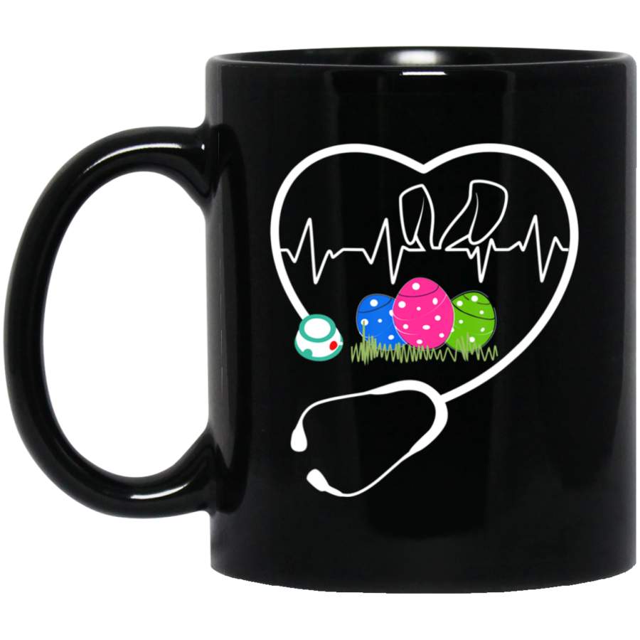 Stethoscope Nurse Tail Easter bunny Colorful Eggs 11oz 15oz Black Mug Happy Easter Day Funny Colors Eggs Bunny Ears Peeps Cute