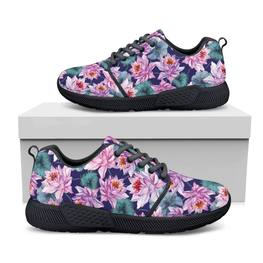 Vintage Lotus Flower Print Black Athletic Shoes