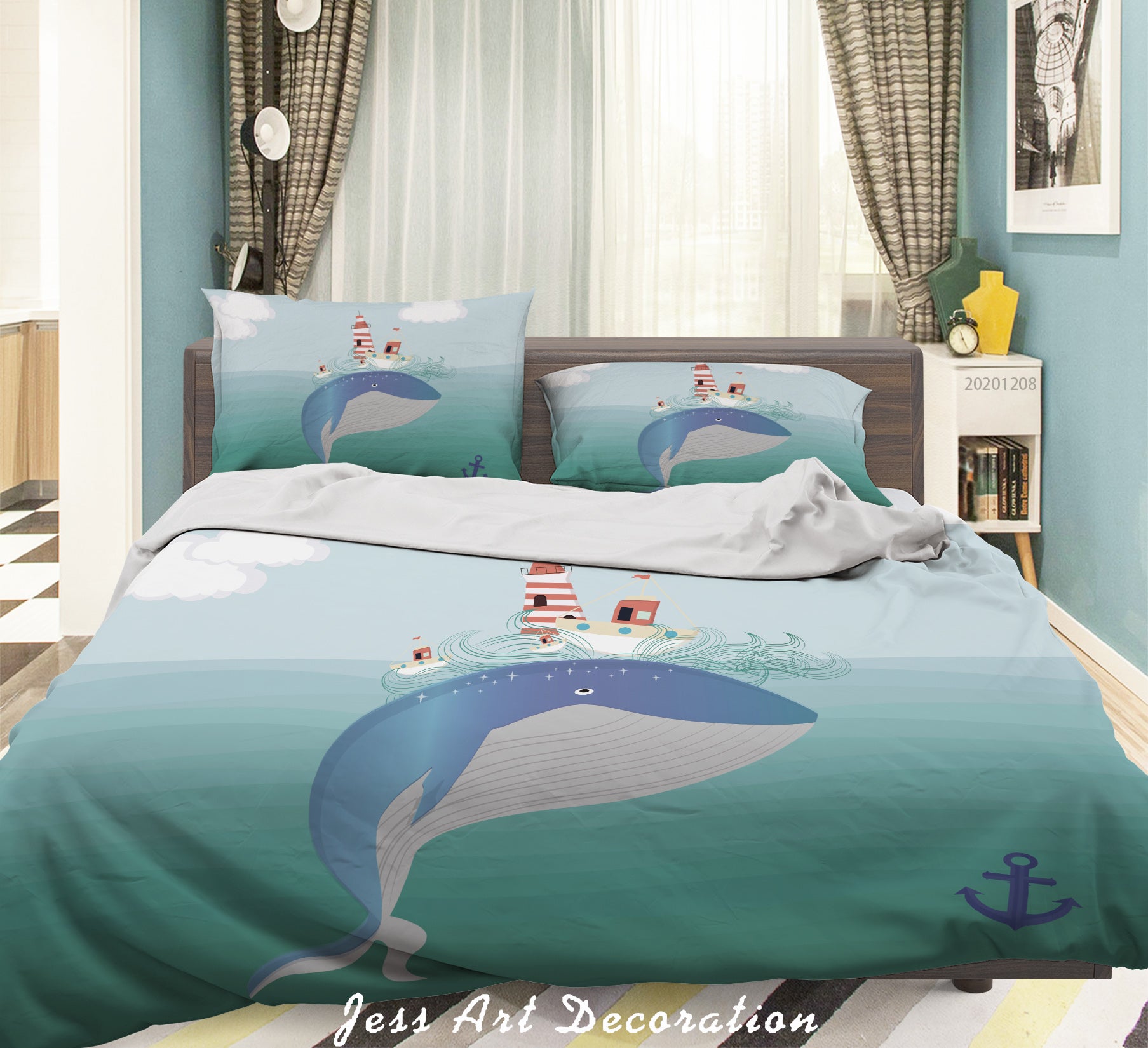 3D Cartoon Ocean Whale Lighthouse Anchor Quilt Cover Set Bedding Set Duvet Cover Pillowcases Lxl