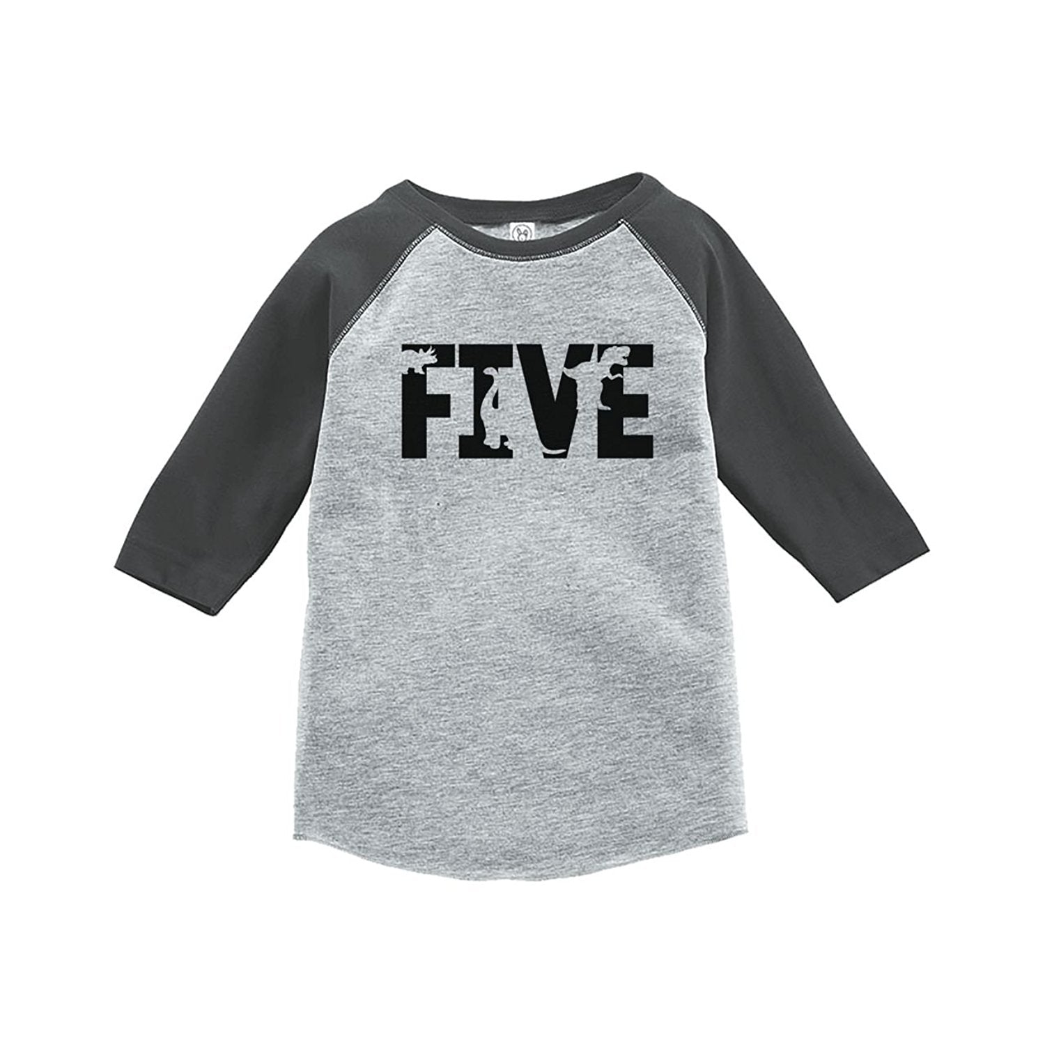 7 Ate 9 Apparel Five Fifth Birthday Dinosaur Grey Baseball Tee