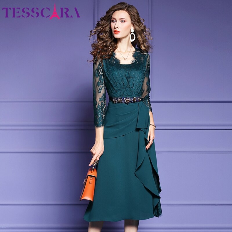 TESSCARA Women Spring & Autumn Elegant Dress Festa High Quality Long Green Cocktail Party Robe Vintage Lace Designer Vestidos alx