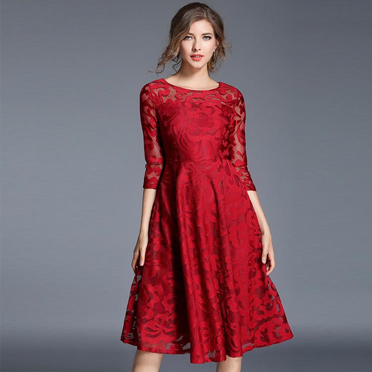 Women Spring Autumn Fashion Floral Lace Dress O Neck 3/4 Sleeve Plus Size 5xl Slim Black female Elegant Evening Party Dresses alx