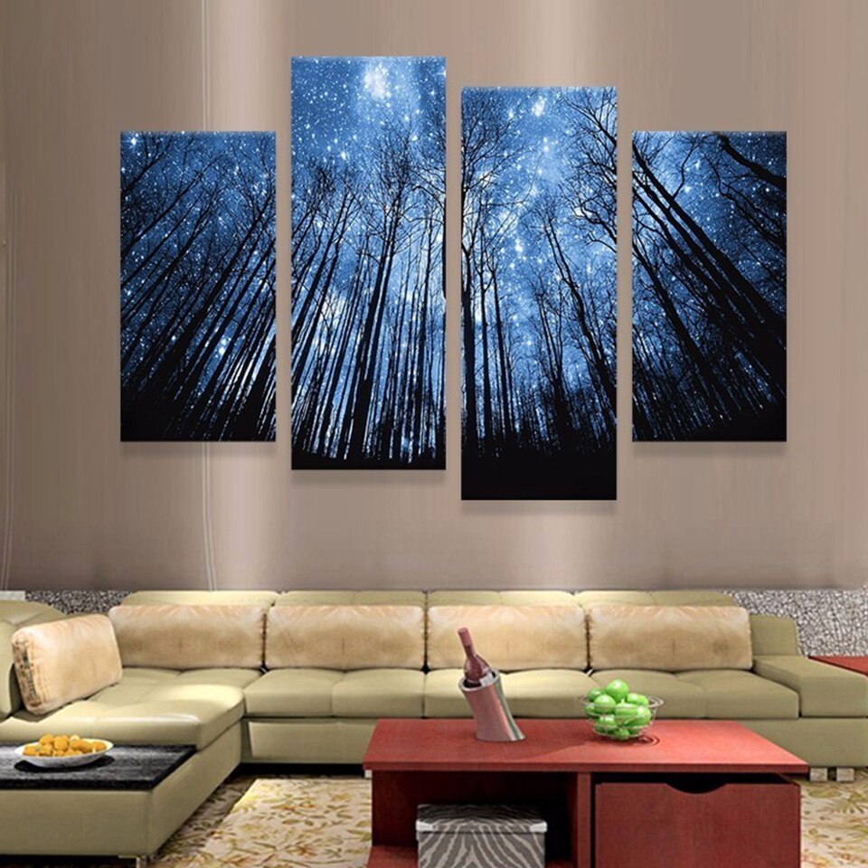 Beauty Night Star Shine Canvas Wall Art 4 Panel Framework Home Decoration For Living Room With Frame