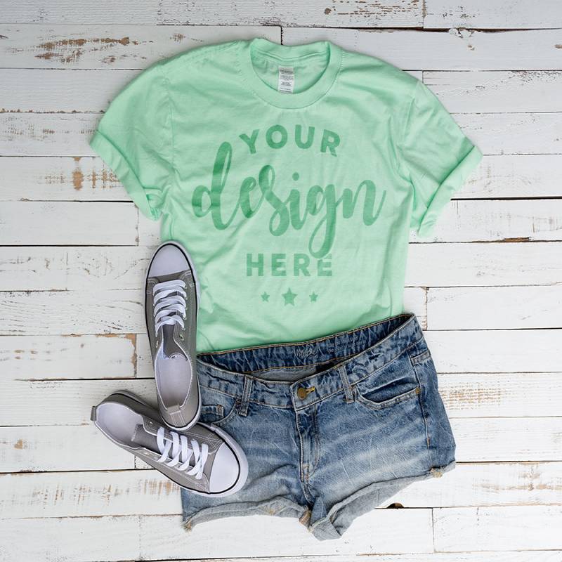Mint Tshirt Mockup 100 Percent Ring Spun Cotton Hi Resolution Jpg File 300 Dpi With Jean Shorts and Shoes