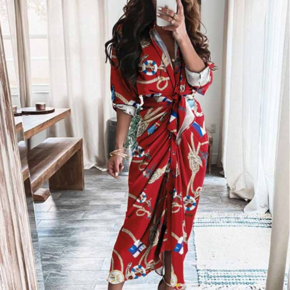 Blossomora Women 2021 S-5XL Fall Clothes Sexy Midi Elegant Floral V-Neck Three-Quarter Sleeves Printed Solid Color Button Dress alx