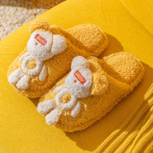 Winter House Fur Slippers Women Soft Warm Cute Cartoon Bear Bedroom Ladies Fluffy Slipper Couples Plush Home Cotton Shoes