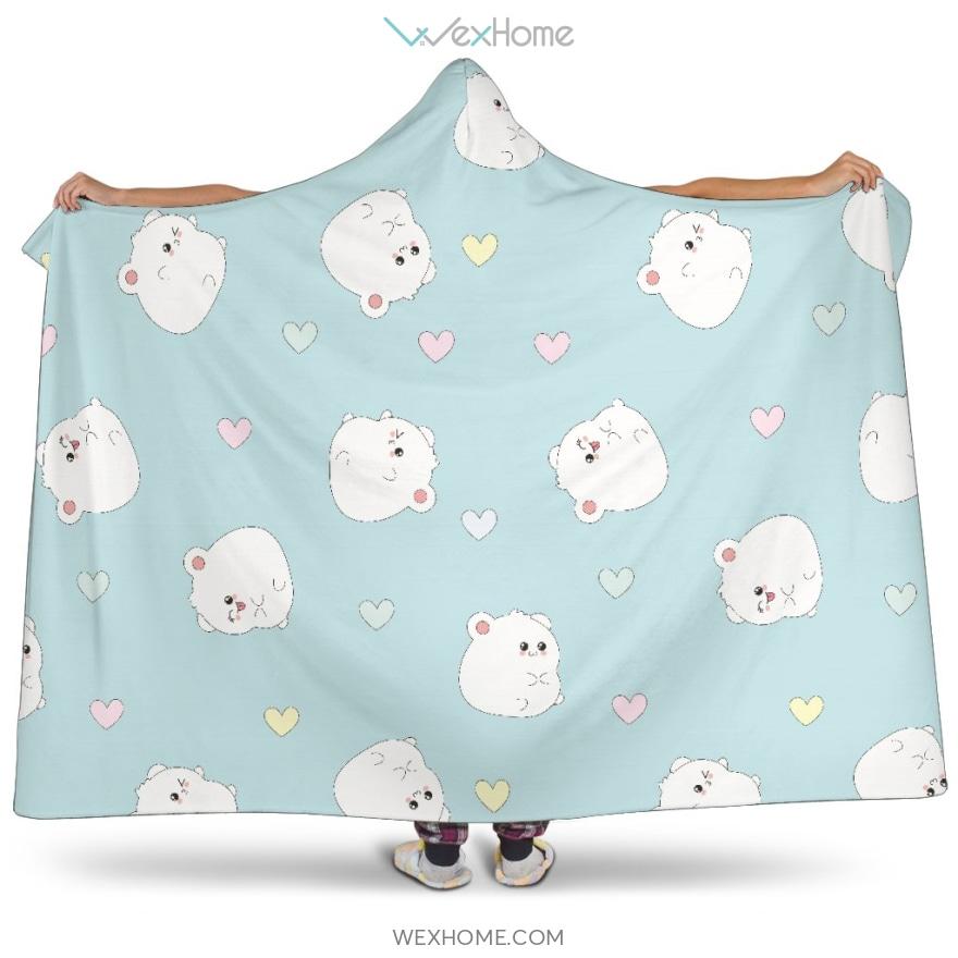 White Cute Hamsters Heart Pattern Hooded Blanket