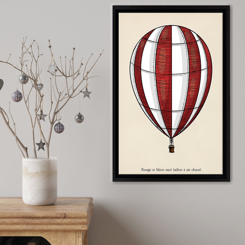 Red And Whited Striped Hot Air Balloon Framed Canvas Print – Canvas Painting, Canvas Art, Wall Art, Wall Decor