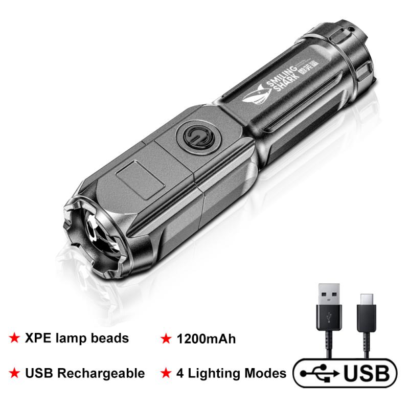 SMILING SHARK Super Bright Flashlight ABS Strong Light Focusing Electric Flashlight Outdoor Portable Home Rechargeable Torch alx