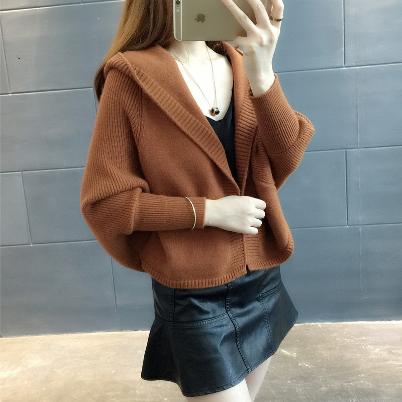 2022 Autumn Winter New Women’s Korean Bat Long Sleeve Solid Thick Knitted Sweater Coat Casual All-match Hooded Cardigan Clothing alx