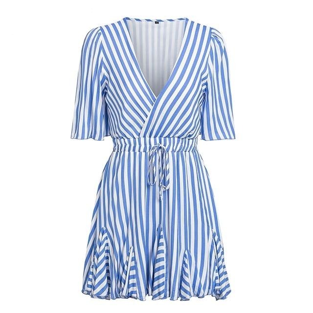 Vintage Striped V-Neck Ruffle Cotton Short Summer Sexy Casual Dress