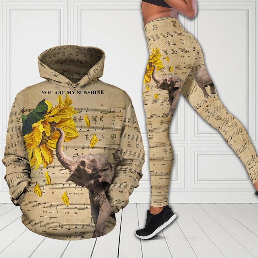 Elephants A-Are My Sunshine Cream All Over Print Leggings Hoodie Set Outfit For Women | Hts2068