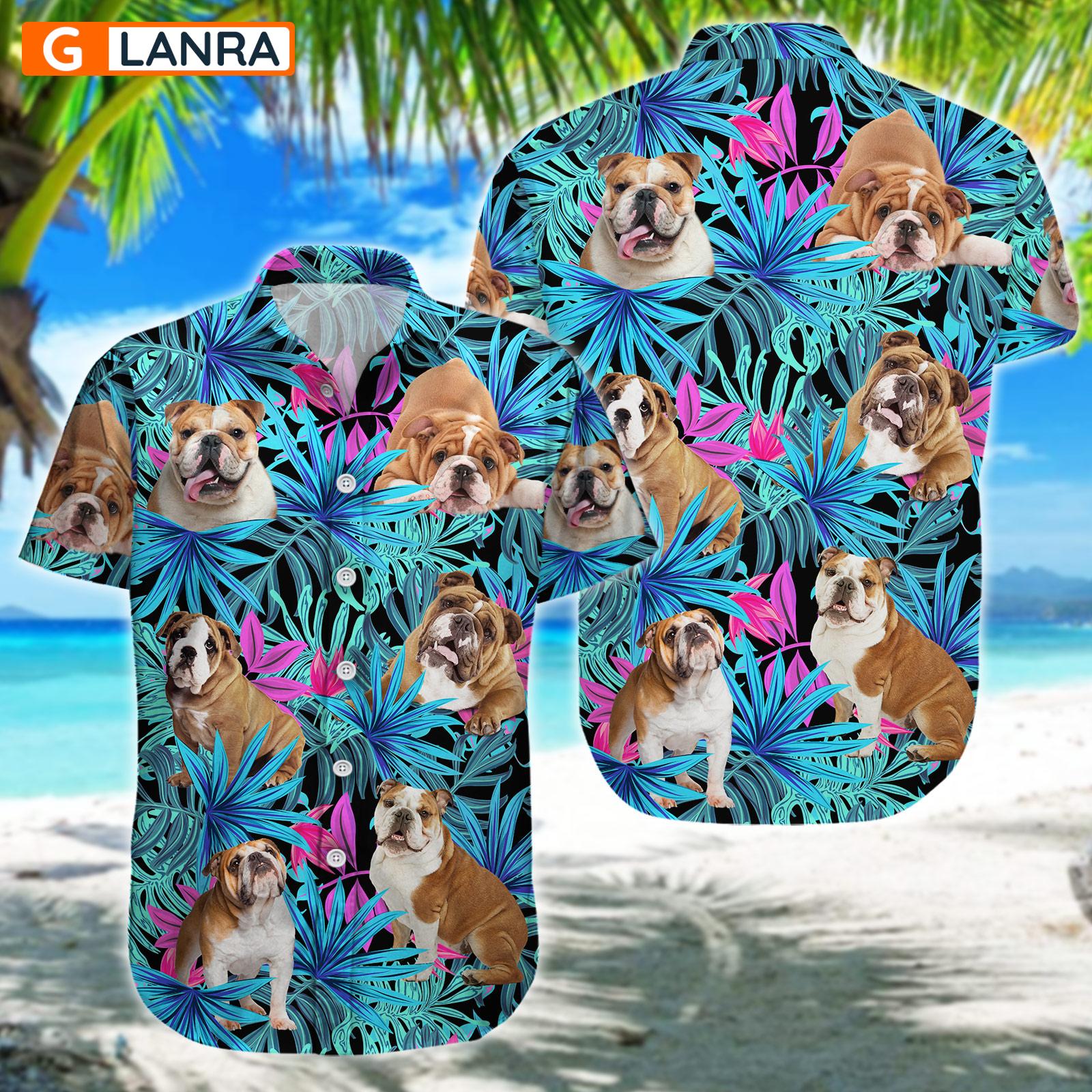 Bulldog Palm Leaves Button Shirt, Bulldog Button Shirt, Summer Dog Hawaiian Shirt, Dog Leaf Hawaiian Shirt, Summer Tropical Shirt