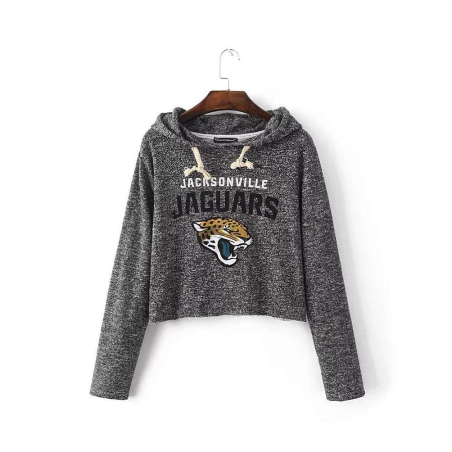 Jacksonville Jaguars American Fashion Leopard Printed Gray Pullovers For Women Cropped Casual Long Sleeve Hoodie Top Gray Hooded Crop Top Sweatshirt