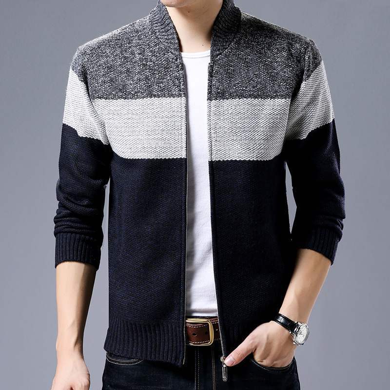 Spring Winter New Men’s Cardigan Single-Breasted Fashion Knit Plus Size Sweater Stitching Colorblock Stand Collar Coats Jackets alx