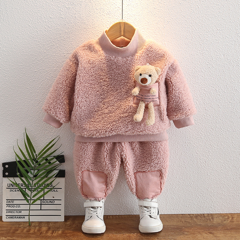 Children’s suit 0-5 years old autumn and winter boys sweatshirt girls cute cartoon pocket bear baby plus velvet two-piece suit alx