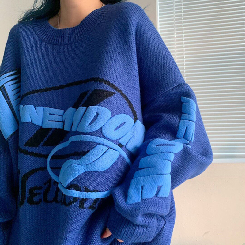 Women Klein Blue Knitting Sweater Round Neck Letter Printing Long Sleeves Casual Vintage Fashion Baggy Ladies Tops Autumn alx