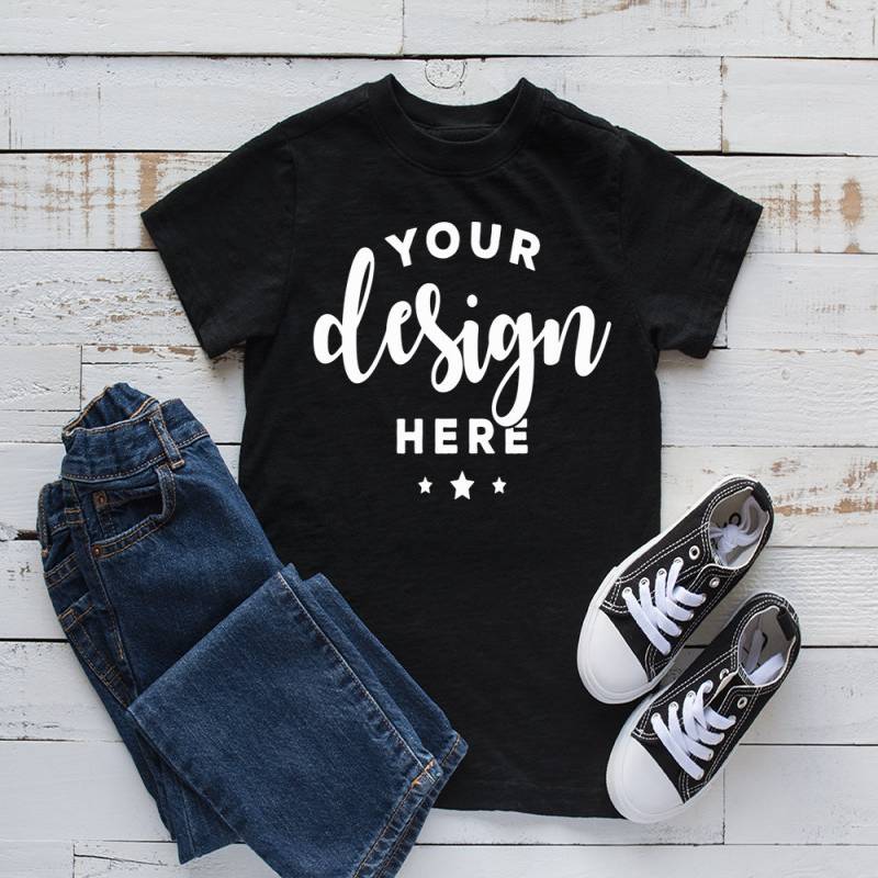 Kids Shirt Mockup Black T-shirt Mock Jeans and Shoes Listing Template Mock-up On Wood Background Digital Download Hi Res Jpg