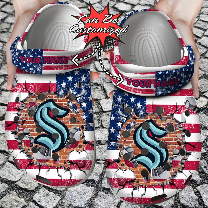 Hockey Crocss – Personalized S.Kraken American Flag Breaking Wall Clog Shoes