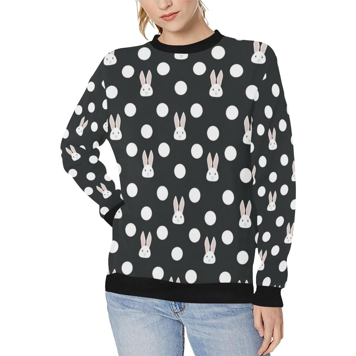 Cute white rabbit polka dots black background Women’s Crew Neck Sweatshirt