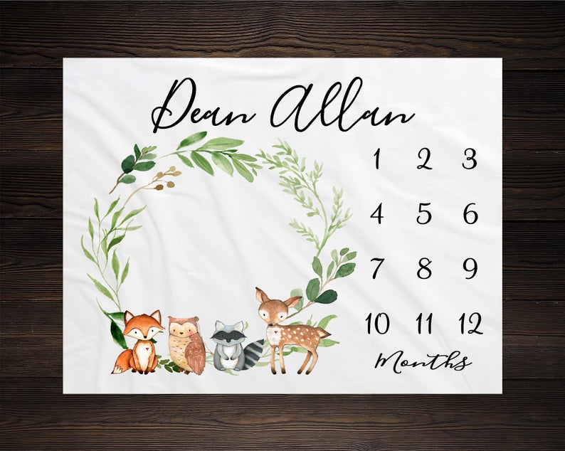 Woodland Milestone Blanket, Monthly Growth Tracker Soft Fleece Fox Blanket, Baby Shower Gift, Newborn Gift Blanket, Watch Me Grow Baby Boy