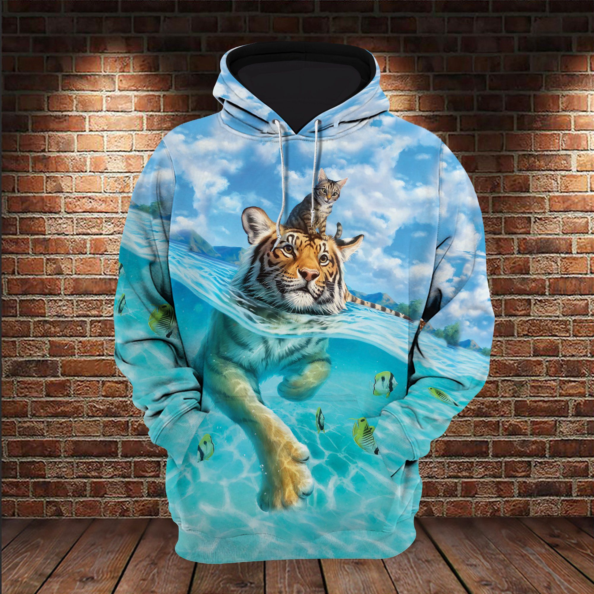 Cat And Bengal Tiger Swimming 3D All Over / DVHPQH130121