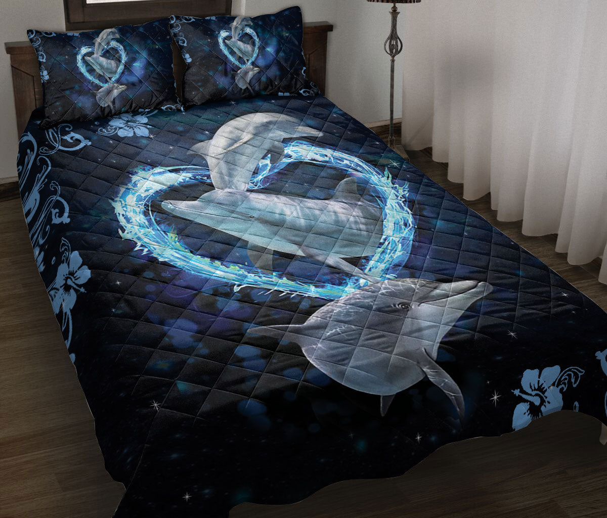 Dolphin Quilt Set, Dolphin Galaxy Sky Water Heart Sea Quilt Blanket With Pillowcases, Quilt Bedding Set