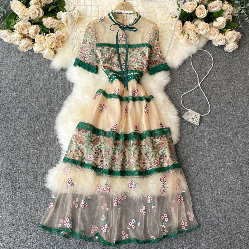 Women’s Summer Vintage Robe Long Dress Women Short Sleeve Mesh Embroidery Floral Office Dress Elegant Evening Party Dresses alx