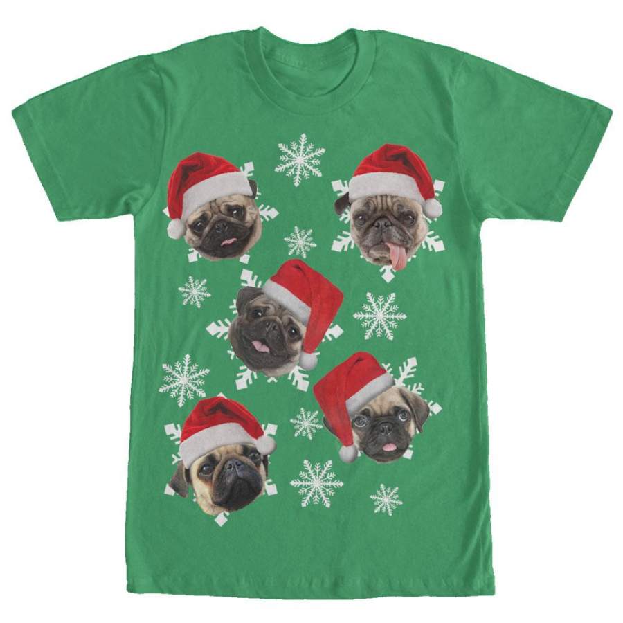 Lost Gods Men’s Ugly Christmas Pug Snowflakes  T Shirt Kelly Green