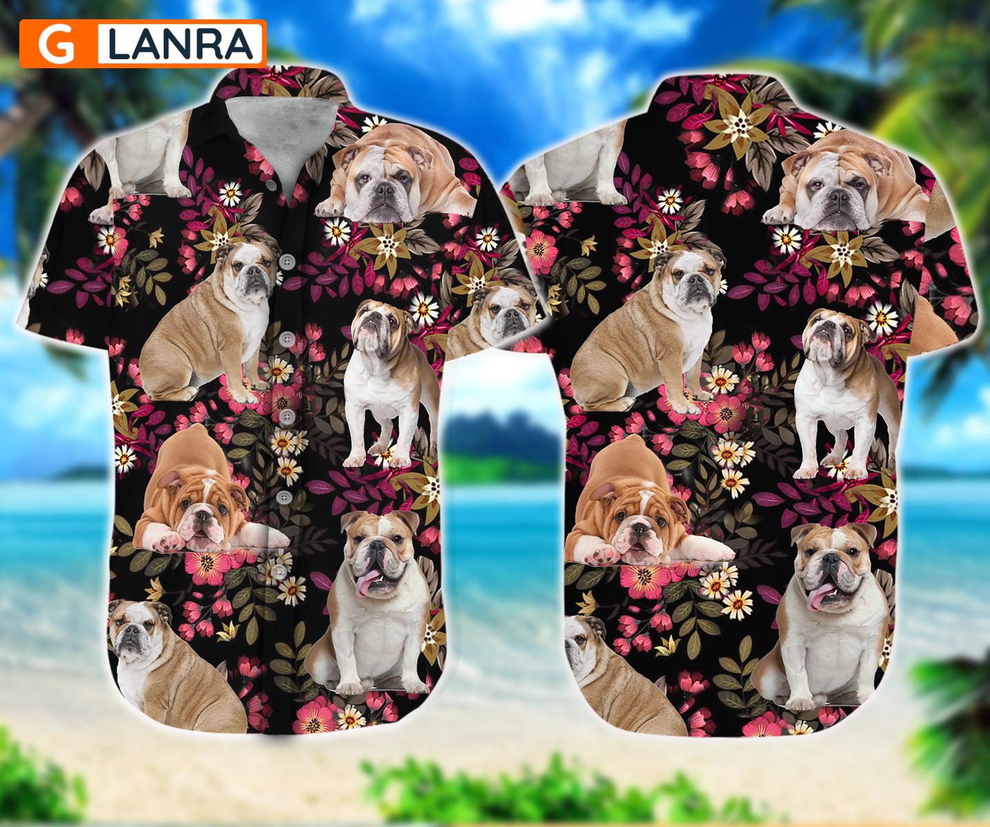 Bulldog Leaves Flower Button Shirt, Bulldog Button Shirt, Dog Flower Button Shirt, Dog Button Shirt, Summer Dog Hawaiian Shirt