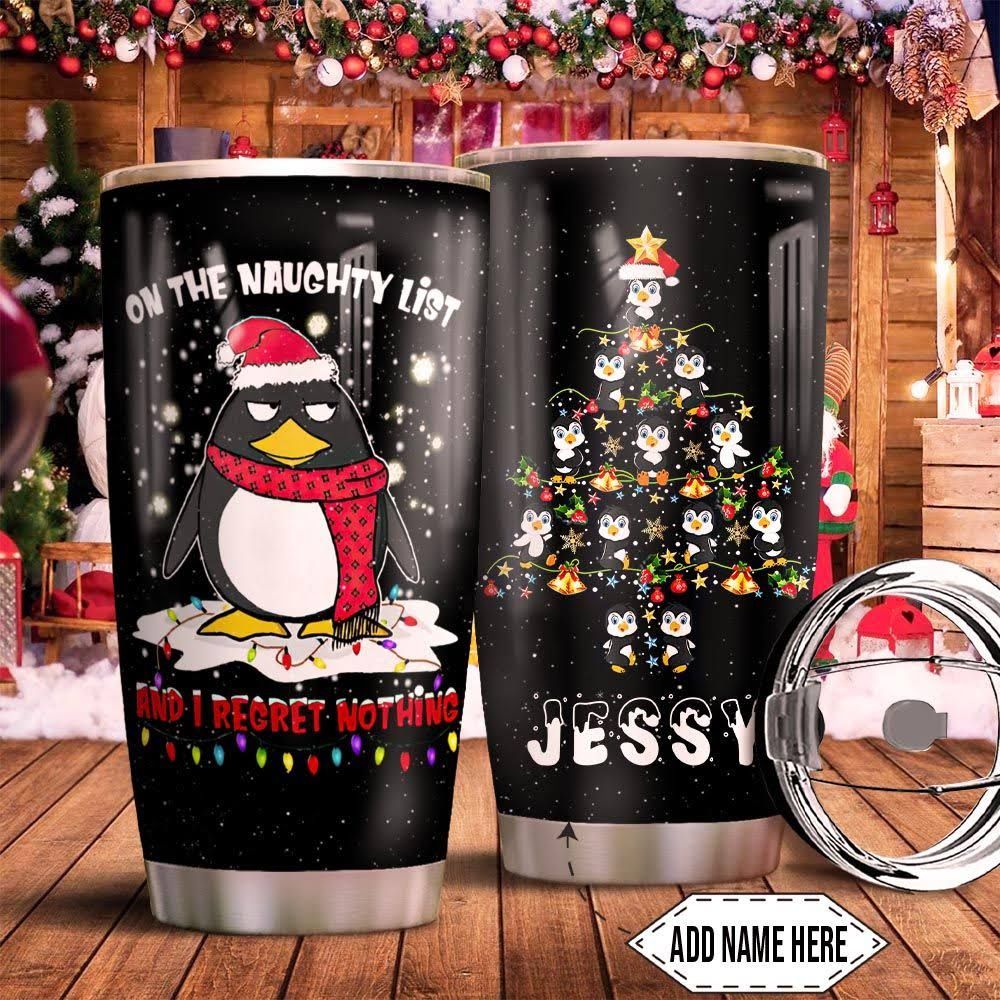 Christmas Penguin Tumbler Cup Personalized Stainless Steel Travel Tumbler, Insulated Tumbler, 20 Oz, On The Naughty List, Black, Coffee Tumbler, Perfect Gifts For Penguin Lovers On Christmas