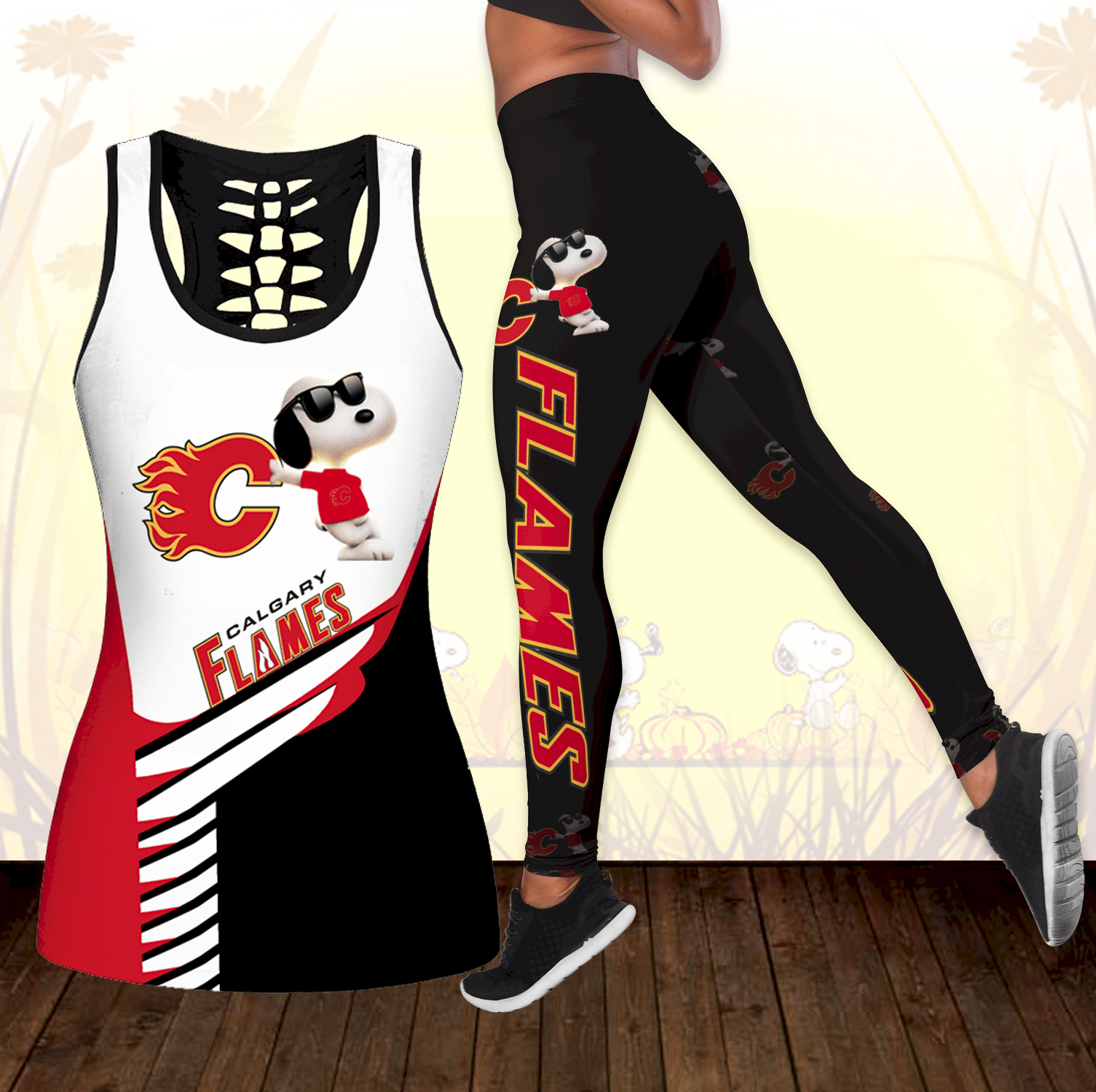 Combo Calgary Flames Snoopy Hollow Tanktop Leggings Set Outfit K1743