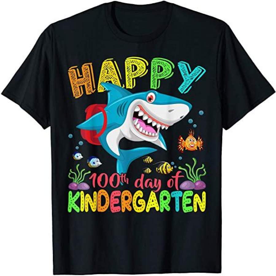 100 Days Of School Shirt Happy 100Th Day Of Kindergarten Shark Gift Teacher Boys Kids T-Shirt Custom T Shirts Add Name Black Kids Toddler Adult Size S To 5Xl