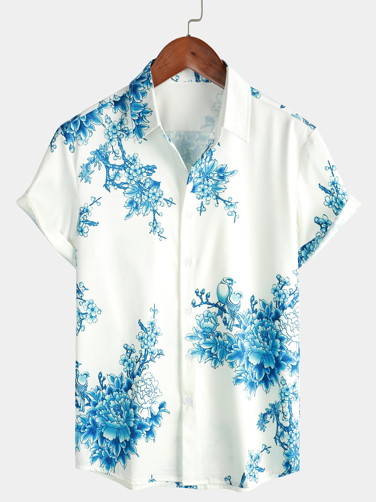 Light Blue Floral Print Casual Plant Flower Button Up Hawaii Holiday Short Sleeve Shirt Ha59489